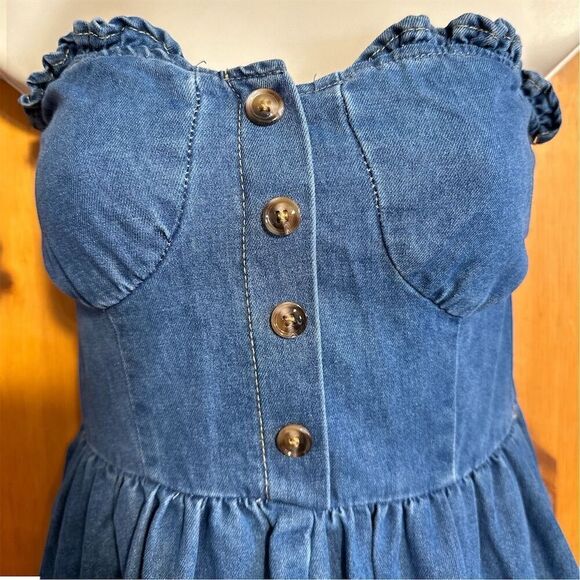 SHEIN Women's Strapless Blue Jean Denim Western Tiered Ruffle Short Dress - Picture 3 of 8